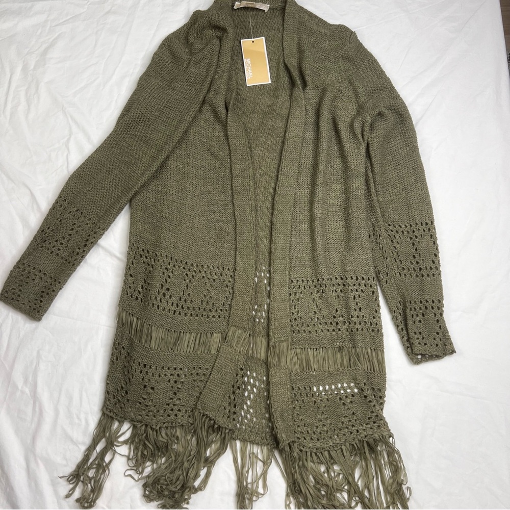Michael Kors NEW Crochet Fringe Open Front Sz M Cardigan NWT Army Green L010923